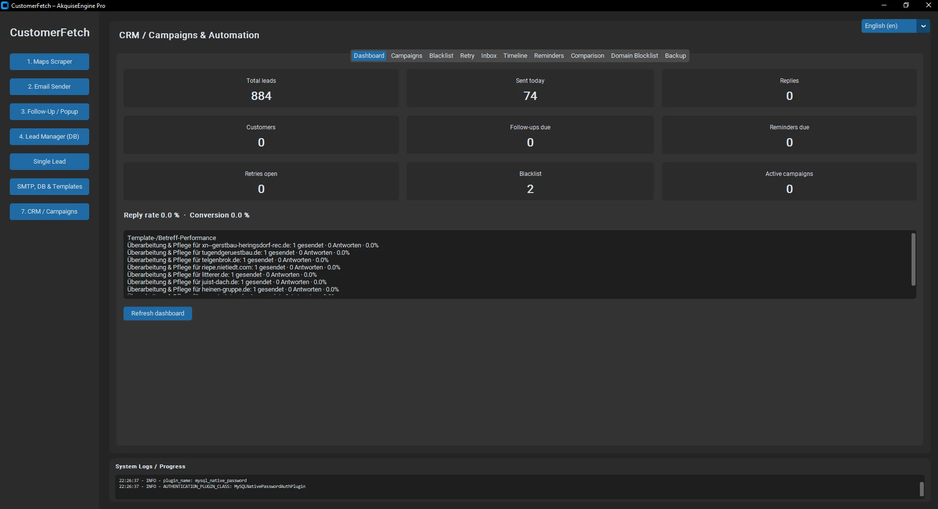 CustomerFetch dashboard and CRM overview
